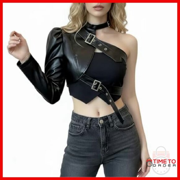 One Shoulder Motorcycle Leather Jacket Halter Buckle Party Top - Picture 5 of 7